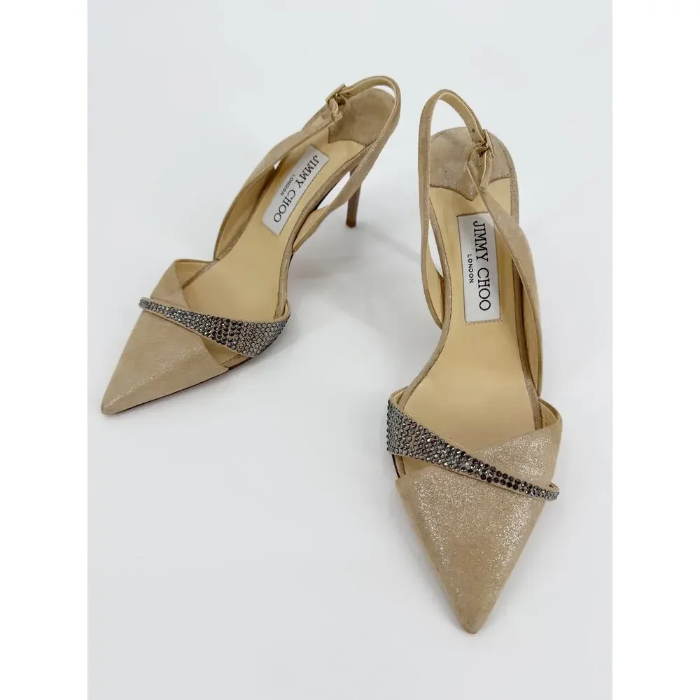 Jimmy Choo Desai Shimmer Beige Crystal Pointed Toe Slingback Pump Heels 37